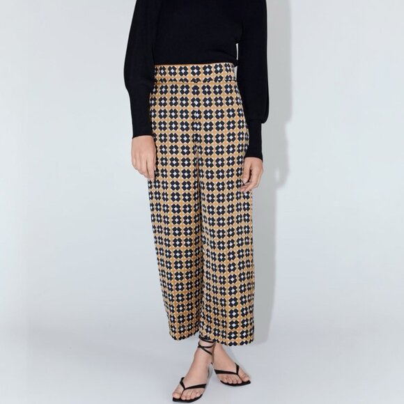Zara Satin Wide Leg Pant L Geo Tile Print Silky Flowy Ankle Crop Dressy Trouser - Picture 3 of 16